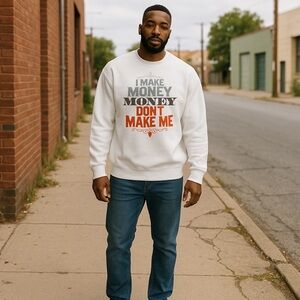 Men’s Noiz Brand Orange and White Crewneck Sweaters with Graphic Designs